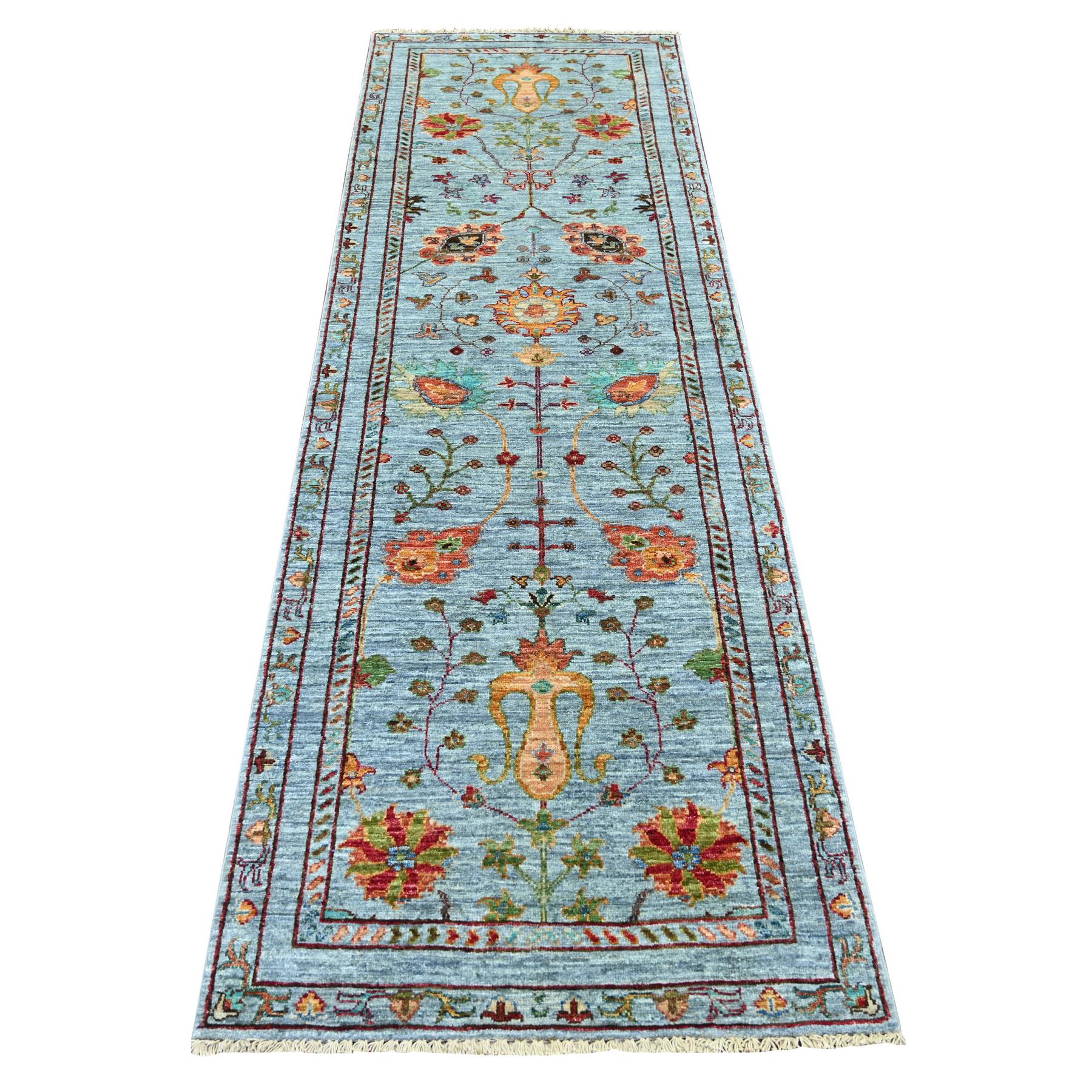 2'9"x8'6" Light Blue, 100% Wool, Fine Afghan Sultani with All Over Design, Vegetable Dyes, Hand Knotted, Runner, Oriental Rug 